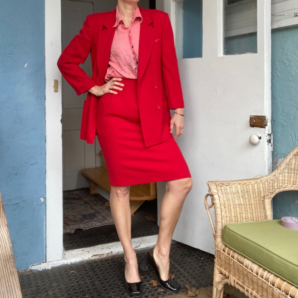 Vintage 90s Christian Dior wool Red Double-Breasted Blazer and Skirt Set